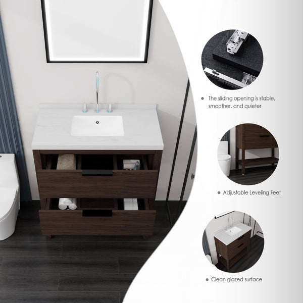 English Elm 36 Inch Freestanding Bathroom Vanity Plywood Cabinet Undermount Sink Marble Top Brown Carrara White B2775S00310
