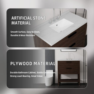 English Elm 36 Inch Freestanding Bathroom Vanity Plywood Cabinet Undermount Sink Marble Top Brown Carrara White B2775S00310