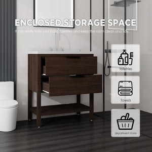 English Elm 36 Inch Freestanding Bathroom Vanity Plywood Cabinet Undermount Sink Marble Top Brown Carrara White B2775S00310