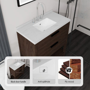 English Elm 36 Inch Freestanding Bathroom Vanity Plywood Cabinet Undermount Sink Marble Top Brown Carrara White B2775S00310