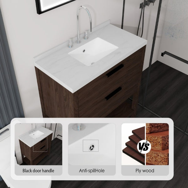 English Elm 36 Inch Freestanding Bathroom Vanity Plywood Cabinet Undermount Sink Marble Top Brown Carrara White B2775S00310