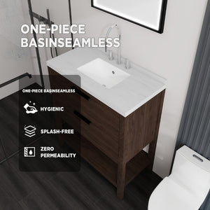 English Elm 36 Inch Freestanding Bathroom Vanity Plywood Cabinet Undermount Sink Marble Top Brown Carrara White B2775S00310