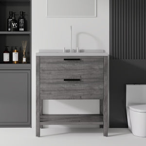 English Elm 36 Inch Freestanding Bathroom Vanity Plywood Cabinet Undermount Sink Marble Top Grey Granite White B2775S00311