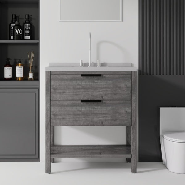 English Elm 36 Inch Freestanding Bathroom Vanity Plywood Cabinet Undermount Sink Marble Top Grey Granite White B2775S00311