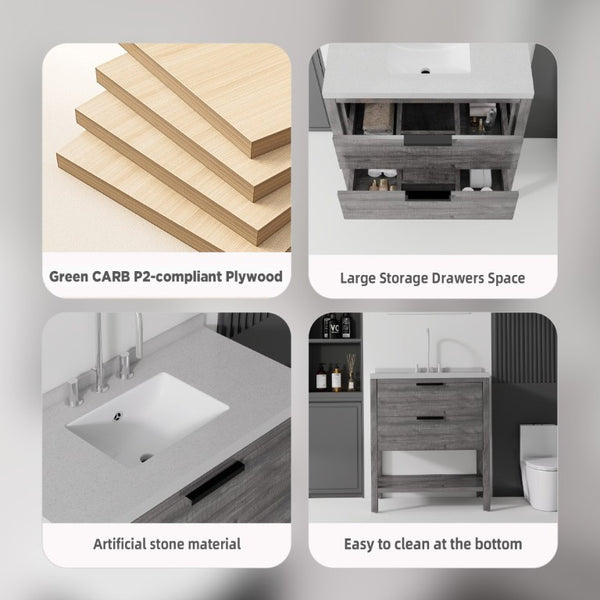 English Elm 36 Inch Freestanding Bathroom Vanity Plywood Cabinet Undermount Sink Marble Top Grey Granite White B2775S00311