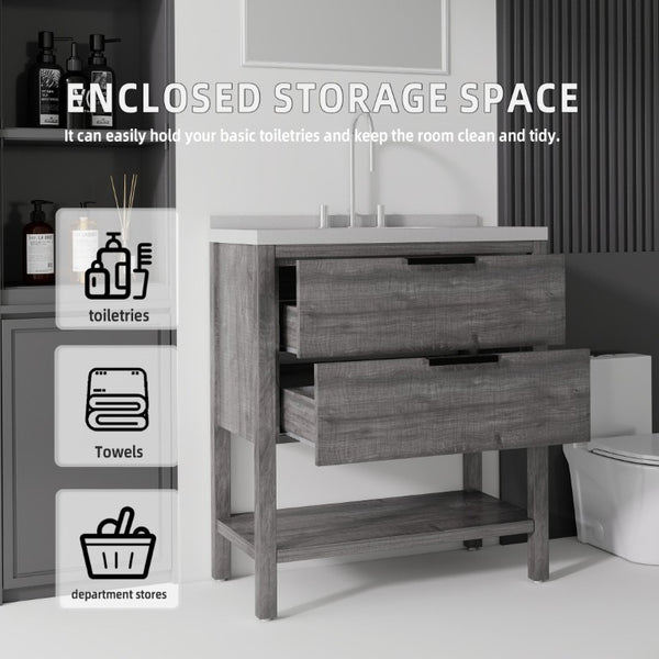 English Elm 36 Inch Freestanding Bathroom Vanity Plywood Cabinet Undermount Sink Marble Top Grey Granite White B2775S00311