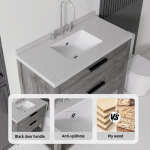 English Elm 36 Inch Freestanding Bathroom Vanity Plywood Cabinet Undermount Sink Marble Top Grey Granite White B2775S00311