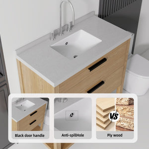 English Elm 36 Inch Freestanding Bathroom Vanity Plywood Cabinet Undermount Sink Marble Top Oak Granite White B2775S00312