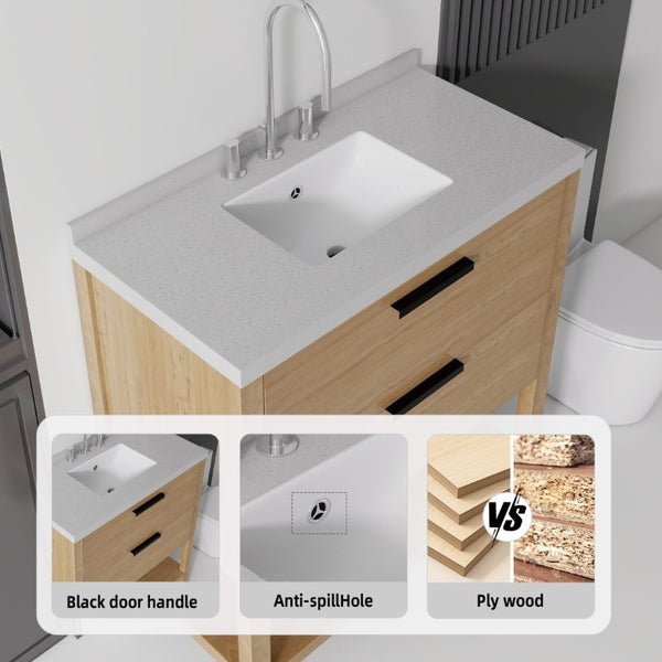 English Elm 36 Inch Freestanding Bathroom Vanity Plywood Cabinet Undermount Sink Marble Top Oak Granite White B2775S00312