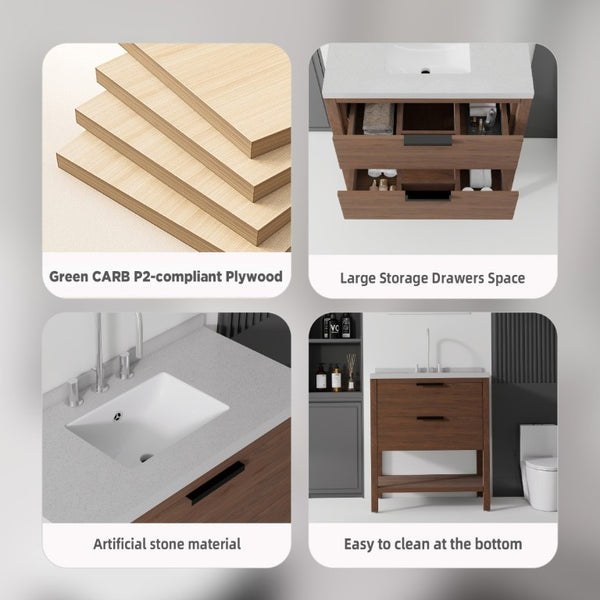 English Elm 36 Inch Freestanding Bathroom Vanity Plywood Cabinet Undermount Sink Marble Top Brown Granite White B2775S00313