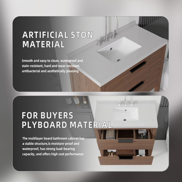 English Elm 36 Inch Freestanding Bathroom Vanity Plywood Cabinet Undermount Sink Marble Top Brown Granite White B2775S00313