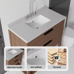 English Elm 36 Inch Freestanding Bathroom Vanity Plywood Cabinet Undermount Sink Marble Top Brown Granite White B2775S00313