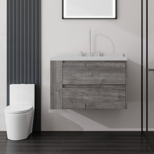 English Elm 30 Inch Floating Bathroom Vanity with Undermount Sink Soft Close Drawer Plywood Grey Carrara White B2775S00316