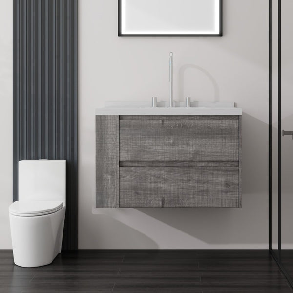English Elm 30 Inch Floating Bathroom Vanity with Undermount Sink Soft Close Drawer Plywood Grey Carrara White B2775S00316