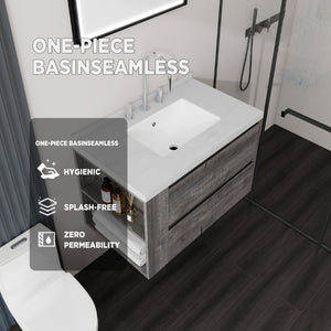 English Elm 30 Inch Floating Bathroom Vanity with Undermount Sink Soft Close Drawer Plywood Grey Carrara White B2775S00316