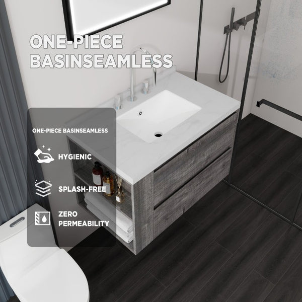 English Elm 30 Inch Floating Bathroom Vanity with Undermount Sink Soft Close Drawer Plywood Grey Carrara White B2775S00316