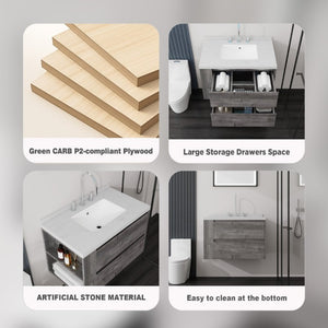 English Elm 30 Inch Floating Bathroom Vanity with Undermount Sink Soft Close Drawer Plywood Grey Carrara White B2775S00316