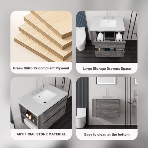 English Elm 30 Inch Floating Bathroom Vanity with Undermount Sink Soft Close Drawer Plywood Grey Carrara White B2775S00316