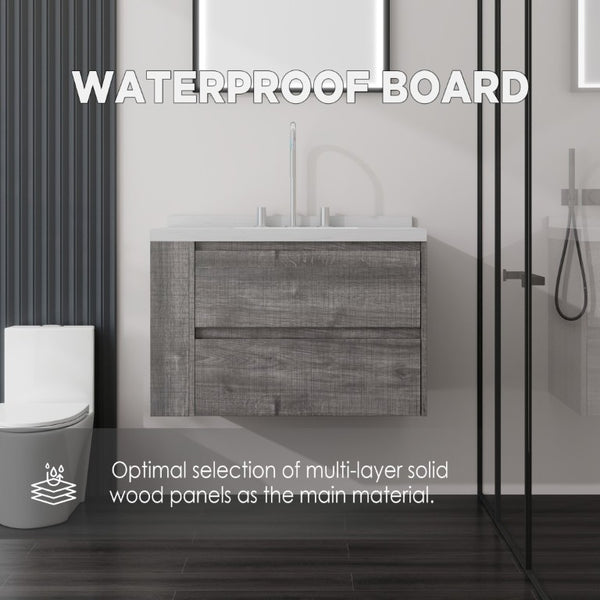 English Elm 30 Inch Floating Bathroom Vanity with Undermount Sink Soft Close Drawer Plywood Grey Carrara White B2775S00316