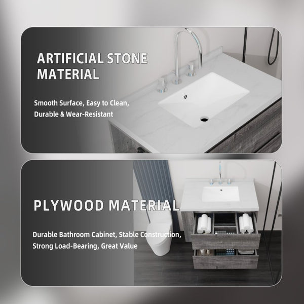 English Elm 30 Inch Floating Bathroom Vanity with Undermount Sink Soft Close Drawer Plywood Grey Carrara White B2775S00316