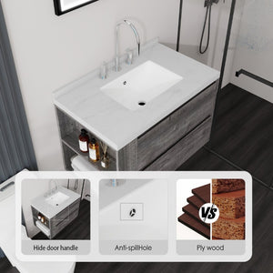 English Elm 30 Inch Floating Bathroom Vanity with Undermount Sink Soft Close Drawer Plywood Grey Carrara White B2775S00316