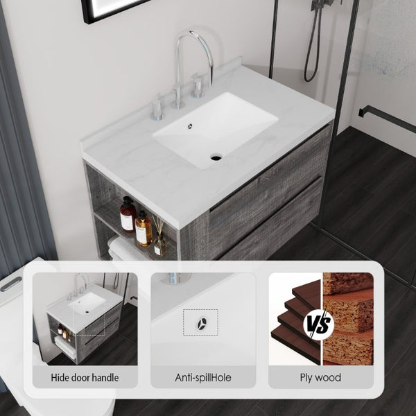 English Elm 30 Inch Floating Bathroom Vanity with Undermount Sink Soft Close Drawer Plywood Grey Carrara White B2775S00316