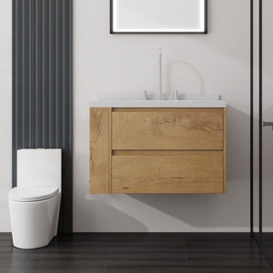 English Elm 30 Inch Floating Bathroom Vanity with Undermount Sink Soft Close Drawer Plywood Oak Carrara White B2775S00317