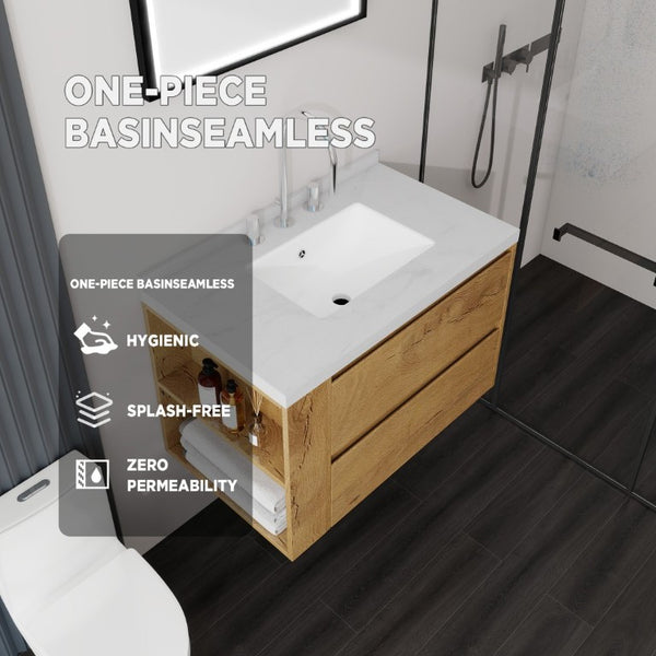 English Elm 30 Inch Floating Bathroom Vanity with Undermount Sink Soft Close Drawer Plywood Oak Carrara White B2775S00317