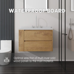 English Elm 30 Inch Floating Bathroom Vanity with Undermount Sink Soft Close Drawer Plywood Oak Carrara White B2775S00317