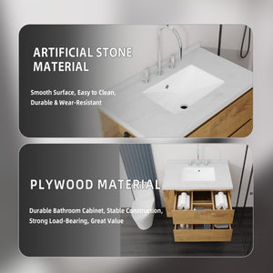 English Elm 30 Inch Floating Bathroom Vanity with Undermount Sink Soft Close Drawer Plywood Oak Carrara White B2775S00317