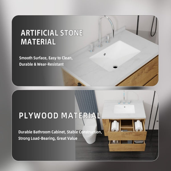 English Elm 30 Inch Floating Bathroom Vanity with Undermount Sink Soft Close Drawer Plywood Oak Carrara White B2775S00317