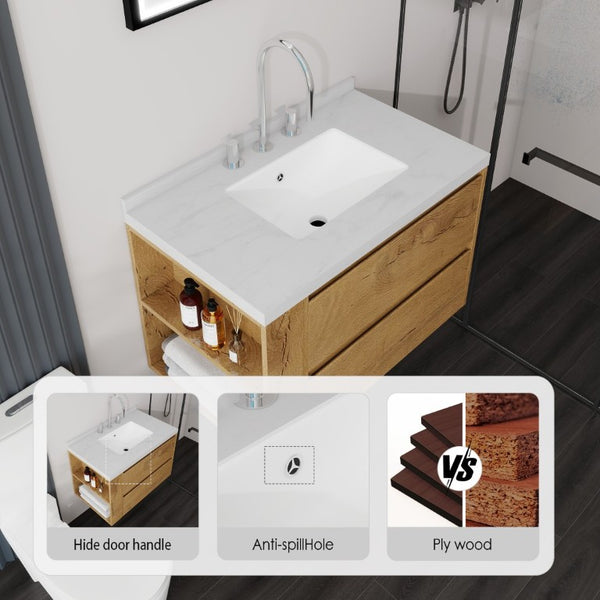 English Elm 30 Inch Floating Bathroom Vanity with Undermount Sink Soft Close Drawer Plywood Oak Carrara White B2775S00317