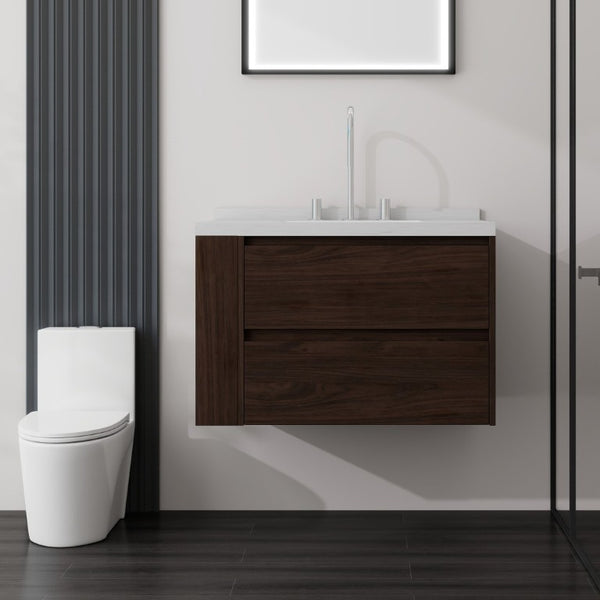 English Elm 30 Inch Floating Bathroom Vanity with Undermount Sink Soft Close Drawer Plywood Brown Carrara White B2775S00318
