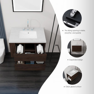English Elm 30 Inch Floating Bathroom Vanity with Undermount Sink Soft Close Drawer Plywood Brown Carrara White B2775S00318