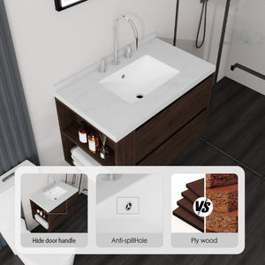 English Elm 30 Inch Floating Bathroom Vanity with Undermount Sink Soft Close Drawer Plywood Brown Carrara White B2775S00318