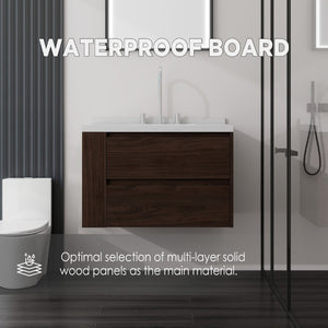 English Elm 30 Inch Floating Bathroom Vanity with Undermount Sink Soft Close Drawer Plywood Brown Carrara White B2775S00318