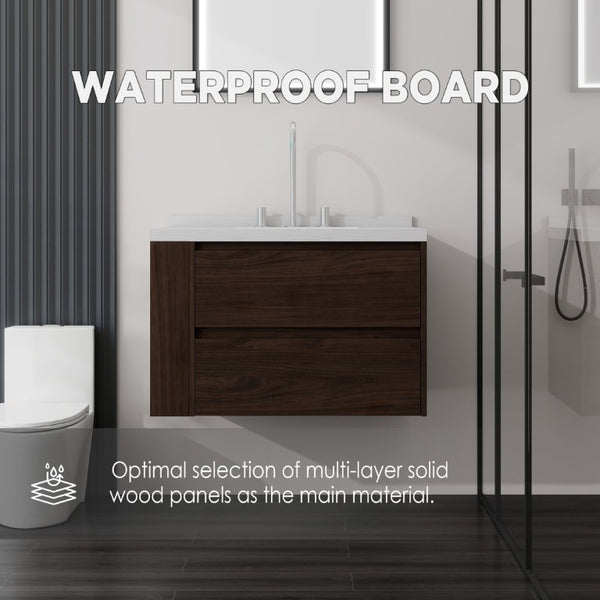English Elm 30 Inch Floating Bathroom Vanity with Undermount Sink Soft Close Drawer Plywood Brown Carrara White B2775S00318