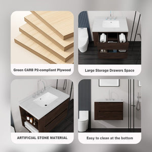 English Elm 30 Inch Floating Bathroom Vanity with Undermount Sink Soft Close Drawer Plywood Brown Carrara White B2775S00318