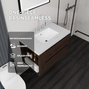 English Elm 30 Inch Floating Bathroom Vanity with Undermount Sink Soft Close Drawer Plywood Brown Carrara White B2775S00318