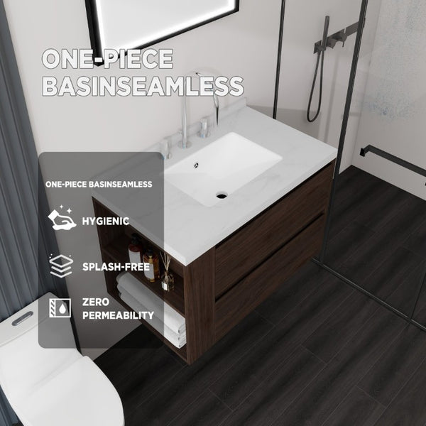 English Elm 30 Inch Floating Bathroom Vanity with Undermount Sink Soft Close Drawer Plywood Brown Carrara White B2775S00318