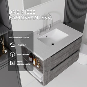 English Elm 30 Inch Floating Bathroom Vanity with Undermount Sink Soft Close Drawer Plywood Grey Granite White B2775S00321