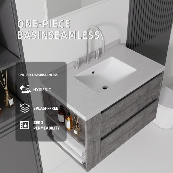 English Elm 30 Inch Floating Bathroom Vanity with Undermount Sink Soft Close Drawer Plywood Grey Granite White B2775S00321
