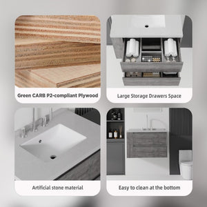 English Elm 30 Inch Floating Bathroom Vanity with Undermount Sink Soft Close Drawer Plywood Grey Granite White B2775S00321