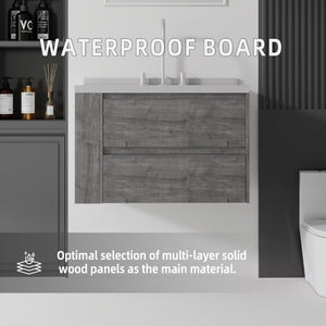 English Elm 30 Inch Floating Bathroom Vanity with Undermount Sink Soft Close Drawer Plywood Grey Granite White B2775S00321