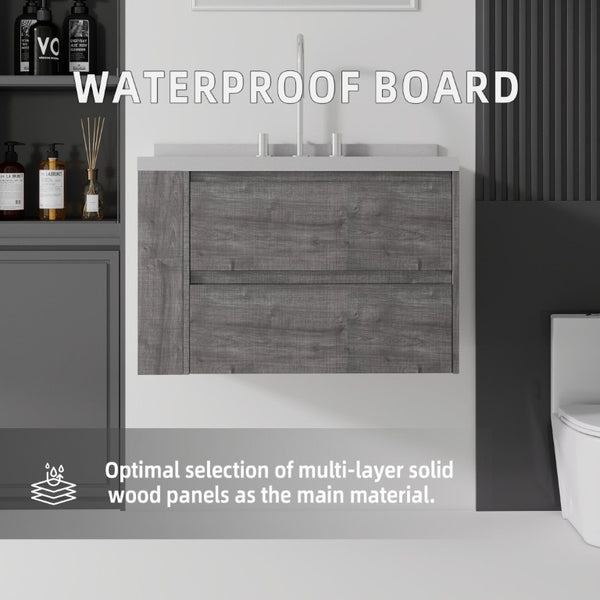 English Elm 30 Inch Floating Bathroom Vanity with Undermount Sink Soft Close Drawer Plywood Grey Granite White B2775S00321