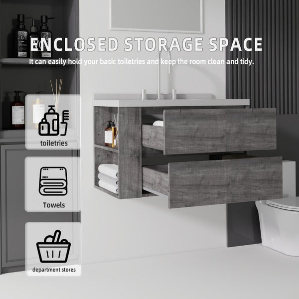 English Elm 30 Inch Floating Bathroom Vanity with Undermount Sink Soft Close Drawer Plywood Grey Granite White B2775S00321
