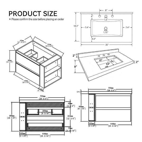 English Elm 30 Inch Floating Bathroom Vanity with Undermount Sink Soft Close Drawer Plywood Grey Granite White B2775S00321