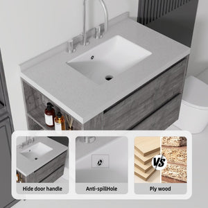 English Elm 30 Inch Floating Bathroom Vanity with Undermount Sink Soft Close Drawer Plywood Grey Granite White B2775S00321
