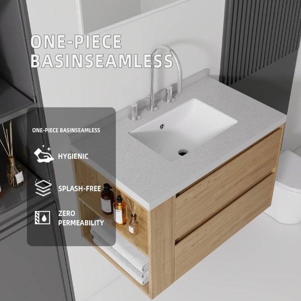 English Elm 30 Inch Floating Bathroom Vanity with Undermount Sink Soft Close Drawer Plywood Oak Granite White B2775S00322