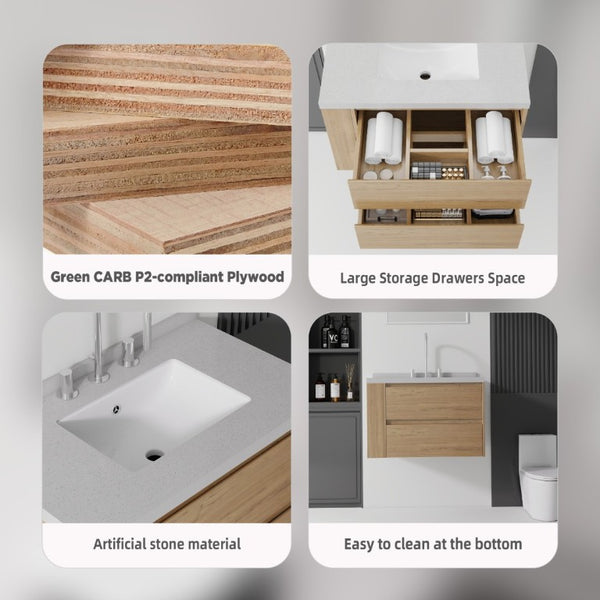 English Elm 30 Inch Floating Bathroom Vanity with Undermount Sink Soft Close Drawer Plywood Oak Granite White B2775S00322